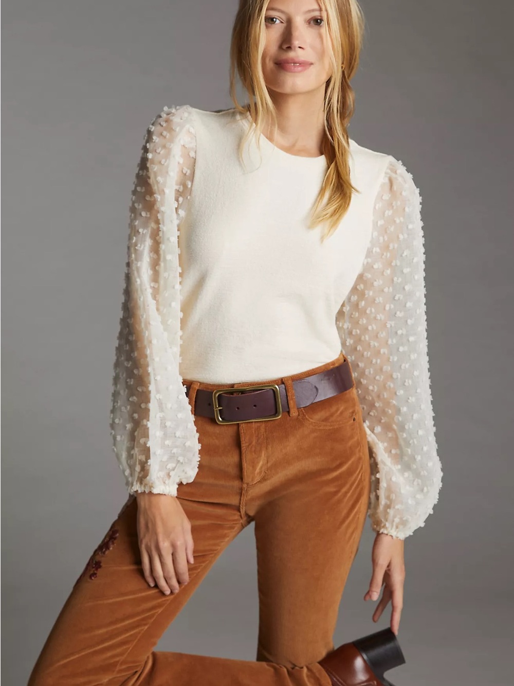 Maeve Anthropologie Swiss Dot Puff Sleeve Sweater Cream XS